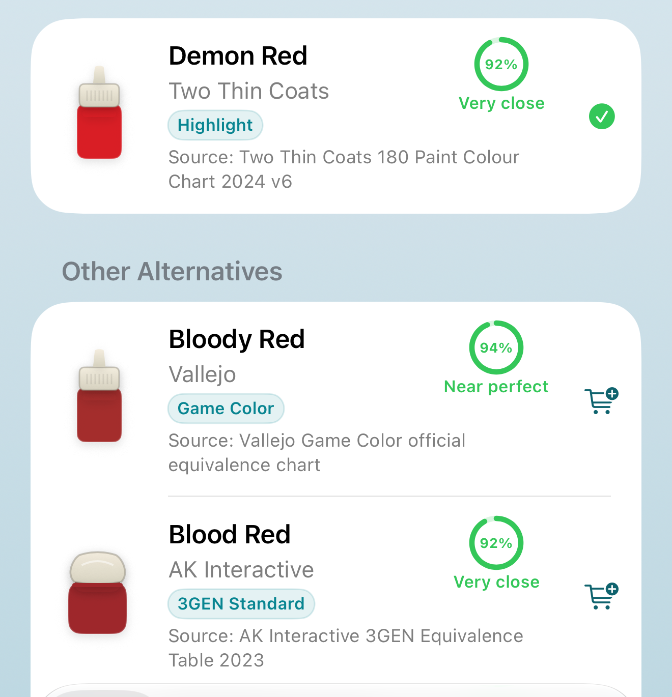 Hobby Rack paint detail screen showing source-backed alternatives across brands