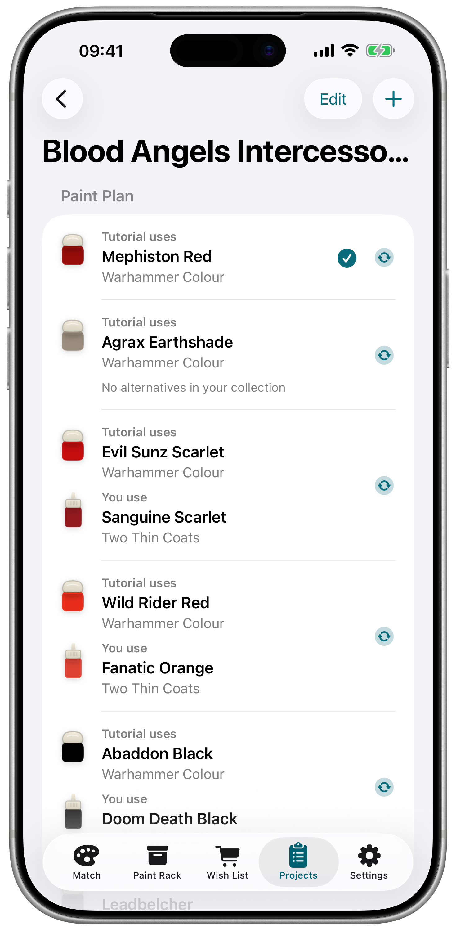 Project detail screen with substitutions