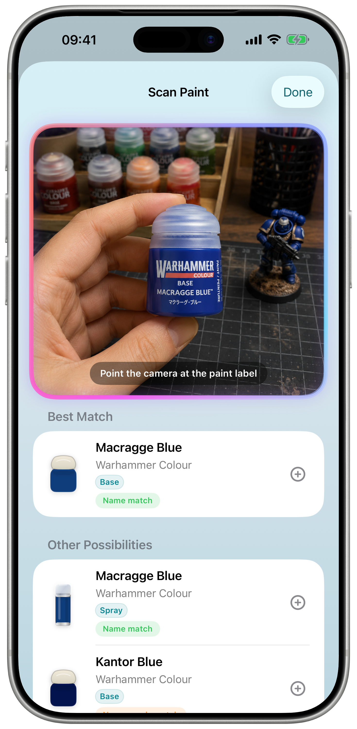 Scanner screen recognising a Macragge Blue paint label